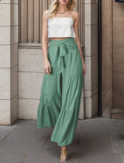 Women's Fashion Tie Elastic Waist Pleated Wide-leg Pants