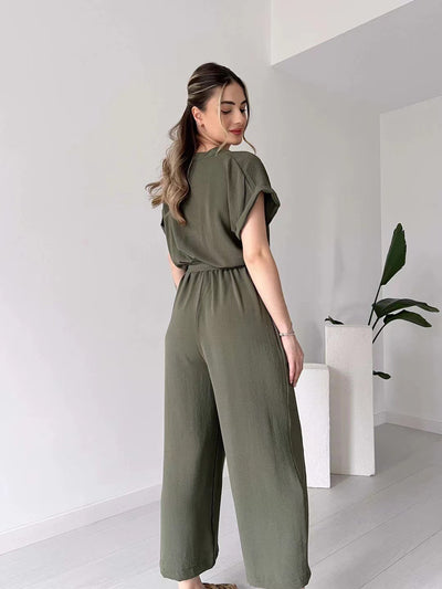 Women's V-neck Single Breasted High Waisted Lace Up Straight Leg Jumpsuit Pants