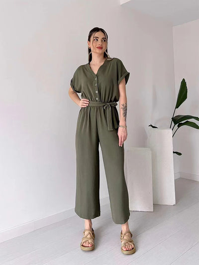 Women's V-neck Single Breasted High Waisted Lace Up Straight Leg Jumpsuit Pants