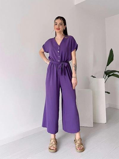 Women's V-neck Single Breasted High Waisted Lace Up Straight Leg Jumpsuit Pants