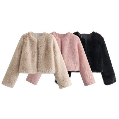 Polyester Imitation Fur Women's Short Cardigan Coat