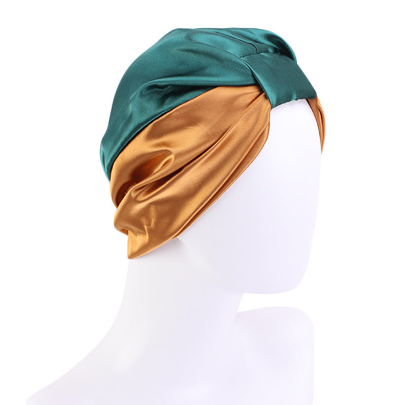 Contrast Color Knotted Head Wash Makeup Double-layer Silk-like Sleeping Hat