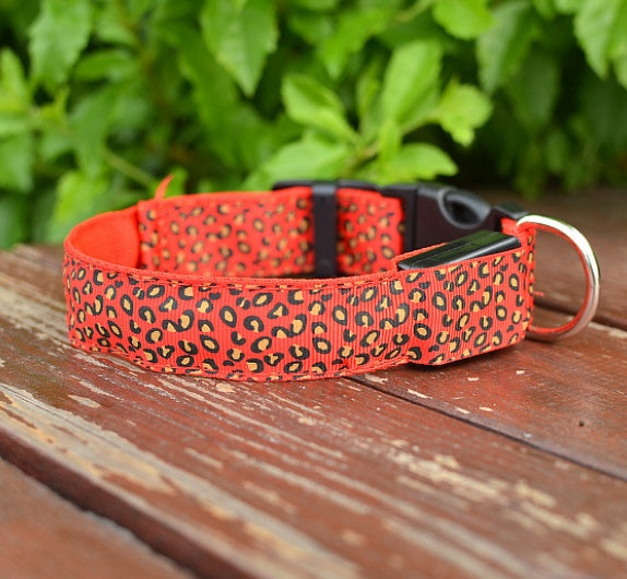 LED Dog Collar Safety Adjustable Nylon Leopard Pet Collar