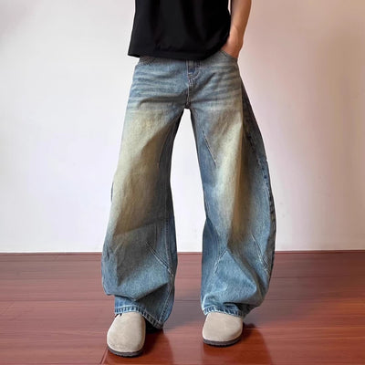 Retro Design Deconstructed Pleated Washed Blue Jeans