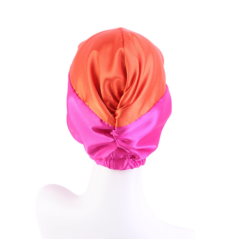 Contrast Color Knotted Head Wash Makeup Double-layer Silk-like Sleeping Hat