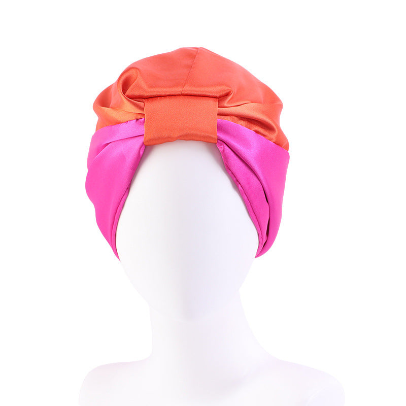 Contrast Color Knotted Head Wash Makeup Double-layer Silk-like Sleeping Hat