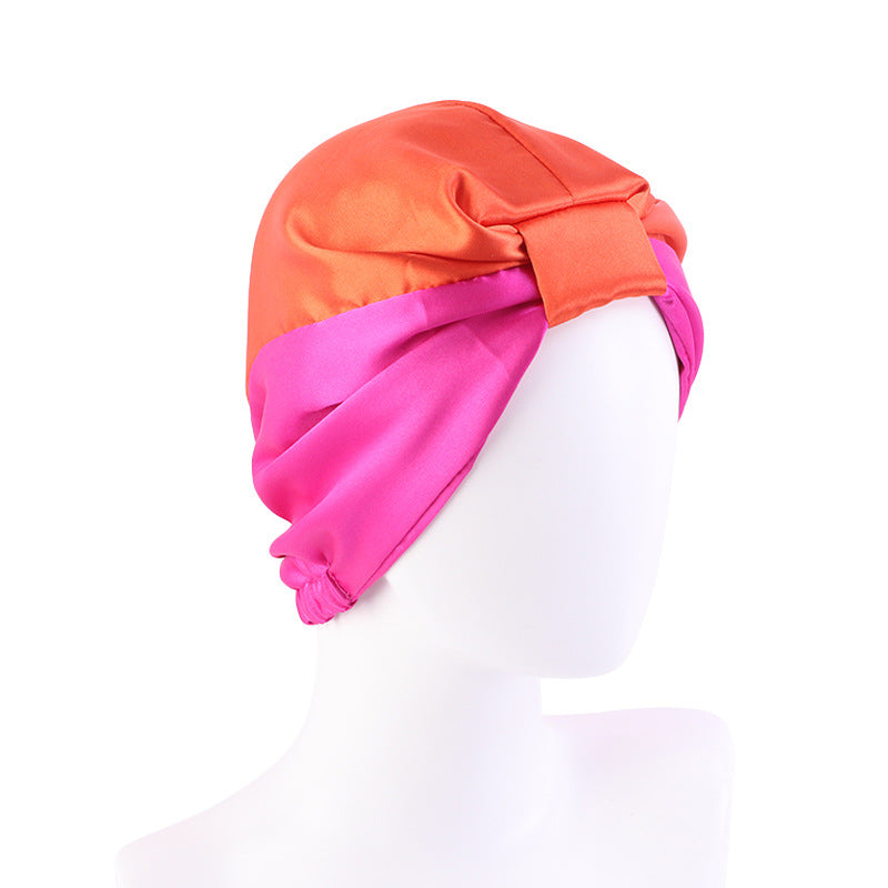 Contrast Color Knotted Head Wash Makeup Double-layer Silk-like Sleeping Hat