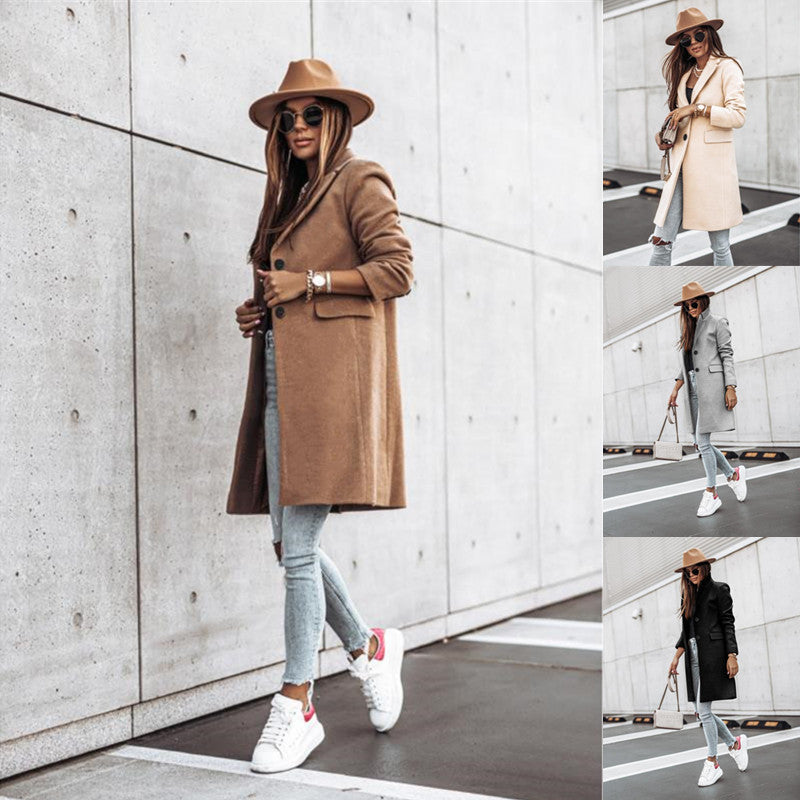 Autumn And Winter Simplicity Long Sleeve Button Woolen Coat