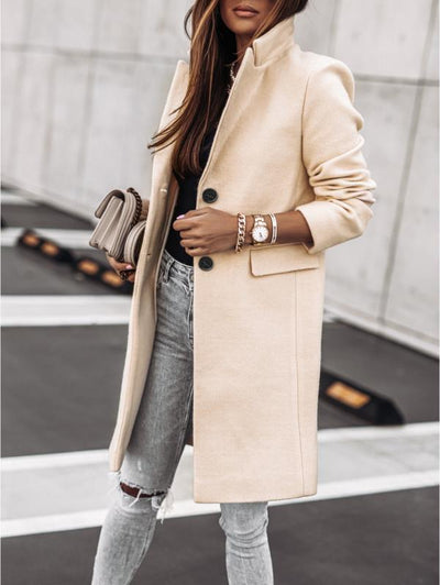 Autumn And Winter Simplicity Long Sleeve Button Woolen Coat