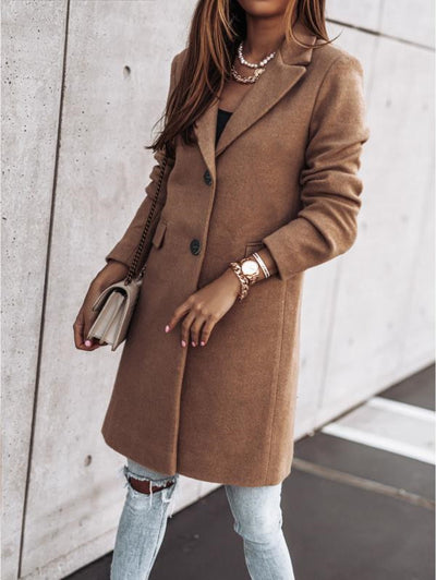 Autumn And Winter Simplicity Long Sleeve Button Woolen Coat