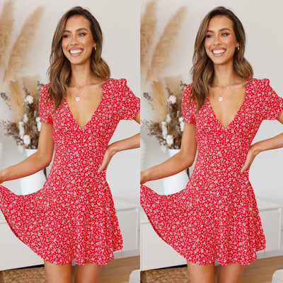 Sexy V-neck Leisure Small Floral Dress