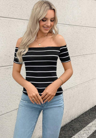 Summer To Autumn Casual Street Nautical Style Off-Shoulder Striped T-Shirt For Women