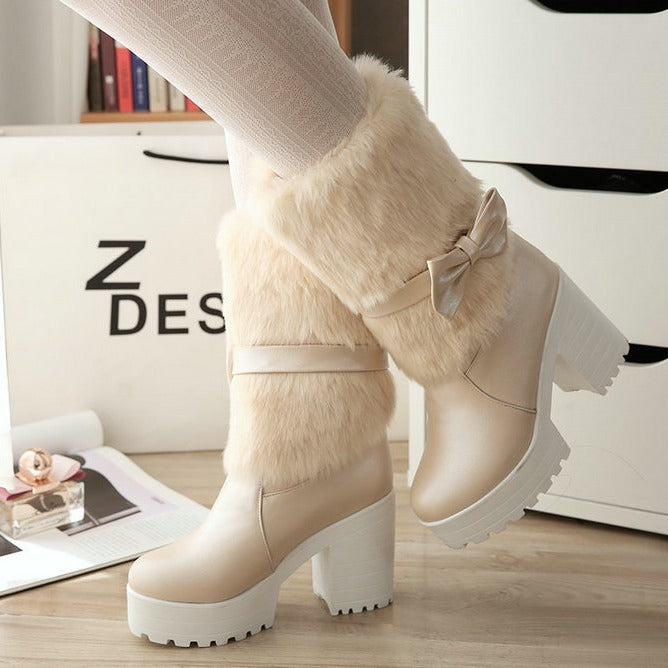 Women's Thick Heel Snow Sweet Bow Boots