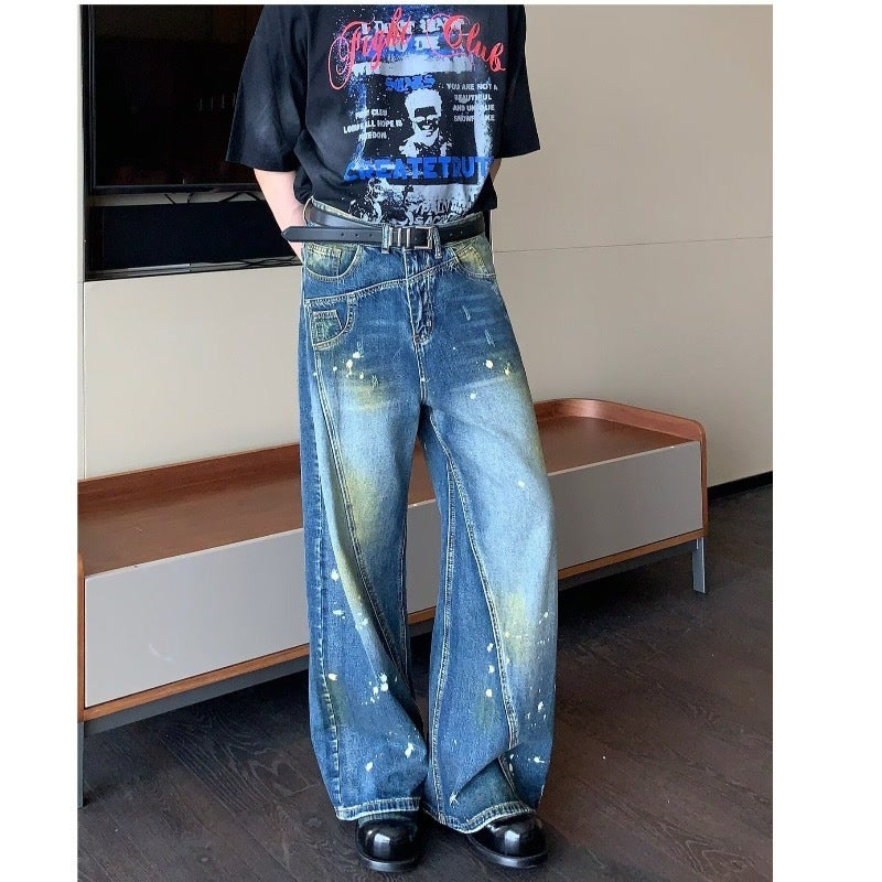 Retro Minority Splash-ink Deconstruction Stitching Jeans For Men And Women