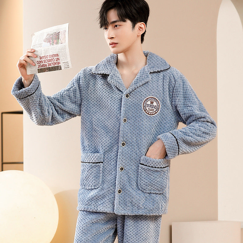 Autumn And Winter Flannel Men's Pajamas Men's Lapel Cardigan