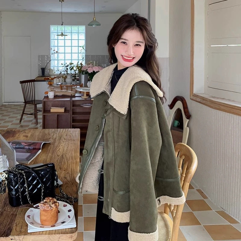 Women's Korean-style Retro Green Suede Lambswool Coat