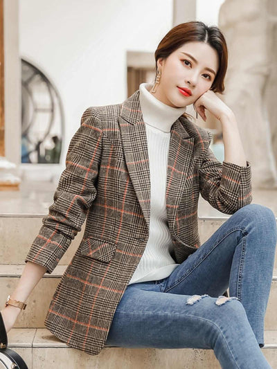 Plaid Suit Women's Waist Trimming Casual Coat