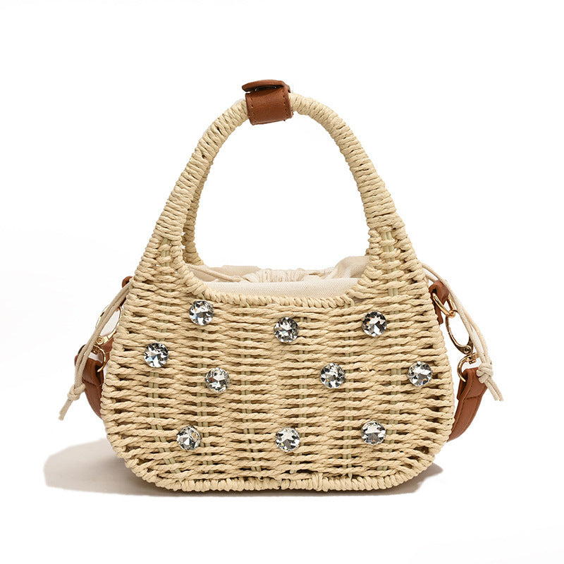 Woven Bag Women's Shoulder Rhinestone Portable Messenger Bag