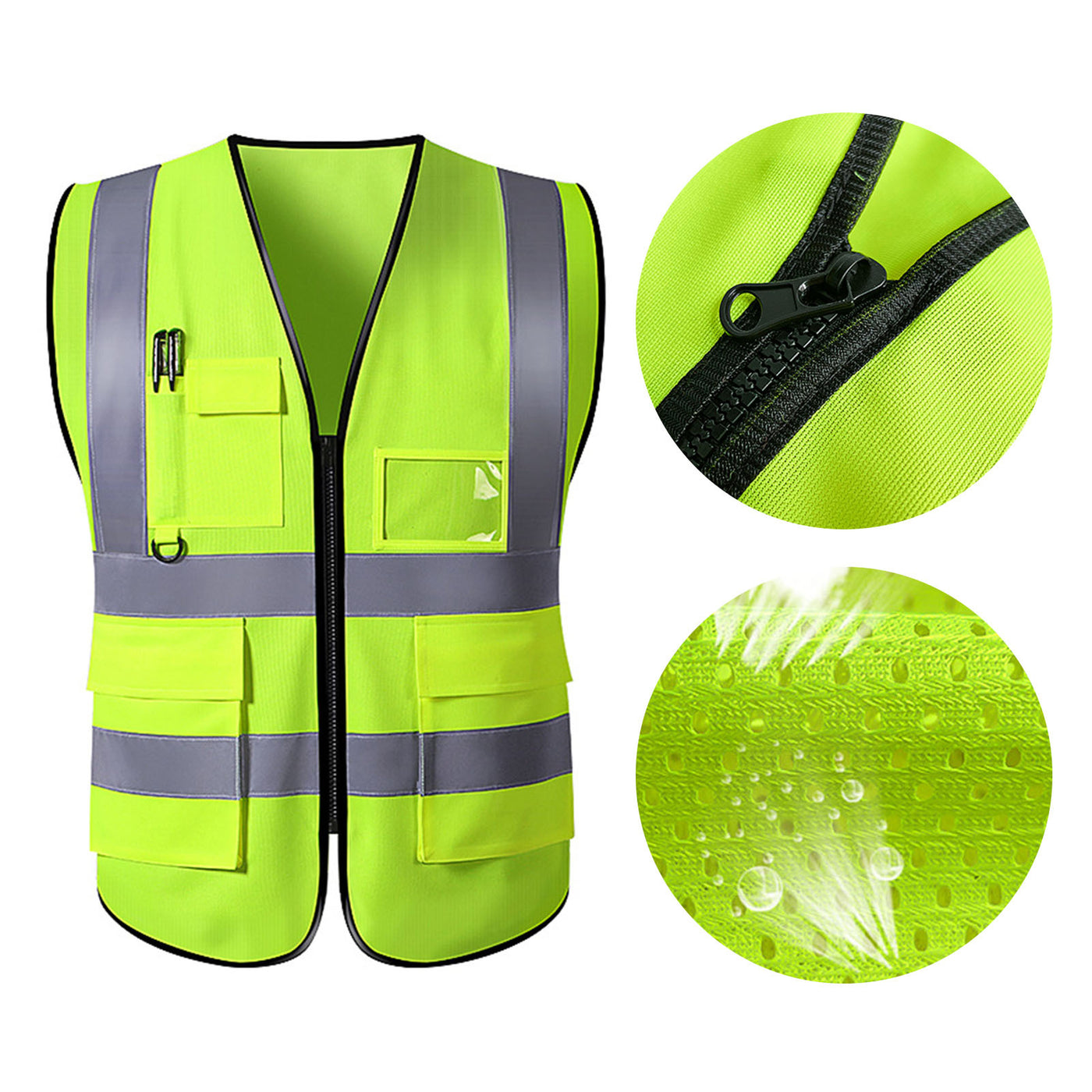 Safety Reflective Vest Construction Industrial Building Road Highway Traffic Cloth Zipper Type Multi Pocket Green