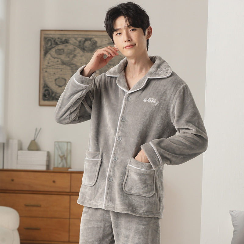 Autumn And Winter Flannel Men's Pajamas Men's Lapel Cardigan