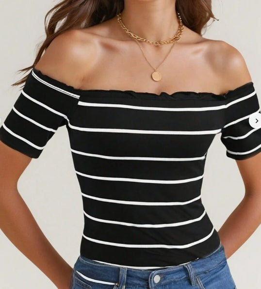 Summer To Autumn Casual Street Nautical Style Off-Shoulder Striped T-Shirt For Women