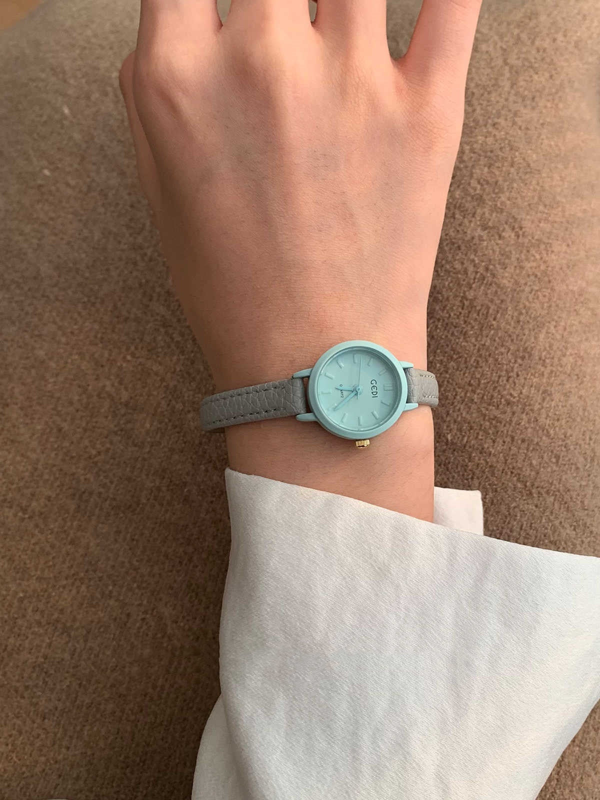 Gray Blue Round Small Dial Belt Women's Simple Fashion Watch