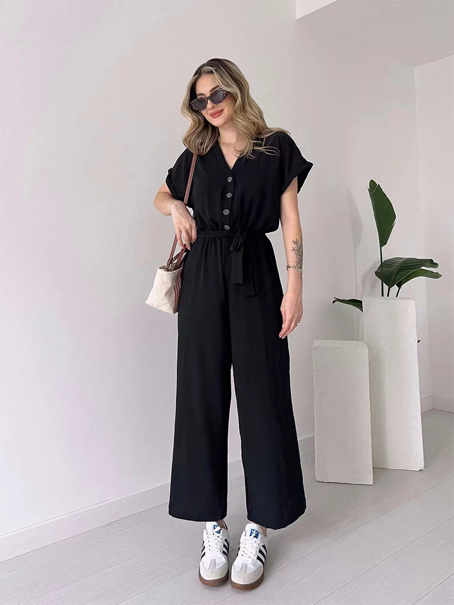 Women's V-neck Single Breasted High Waisted Lace Up Straight Leg Jumpsuit Pants