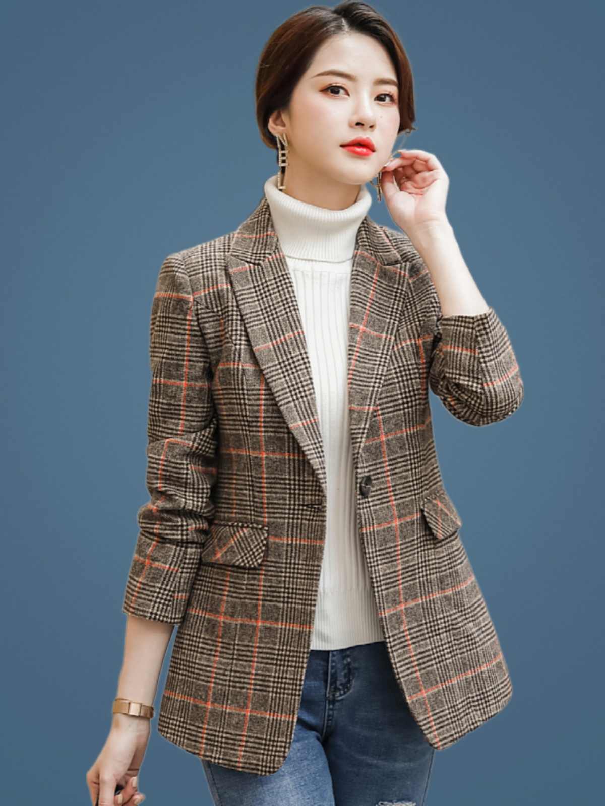 Plaid Suit Women's Waist Trimming Casual Coat