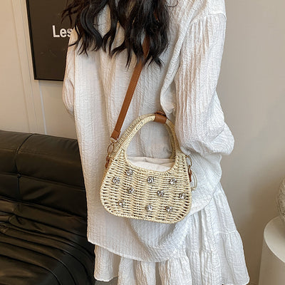 Woven Bag Women's Shoulder Rhinestone Portable Messenger Bag