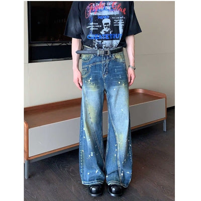 Retro Minority Splash-ink Deconstruction Stitching Jeans For Men And Women