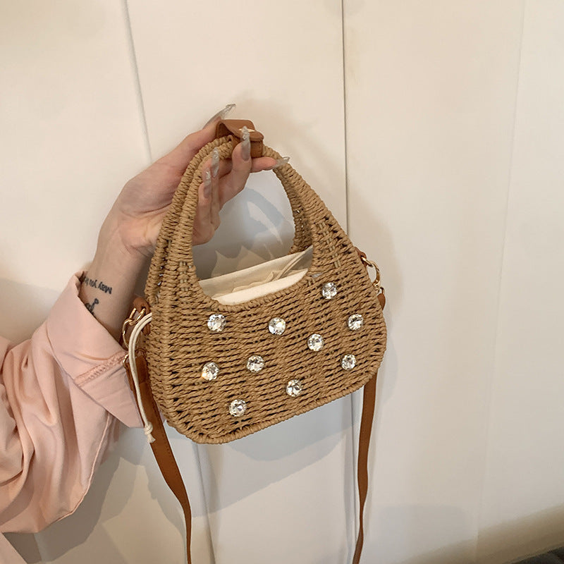 Woven Bag Women's Shoulder Rhinestone Portable Messenger Bag