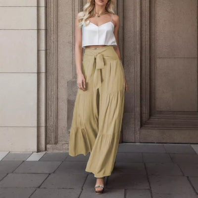 Women's Fashion Tie Elastic Waist Pleated Wide-leg Pants