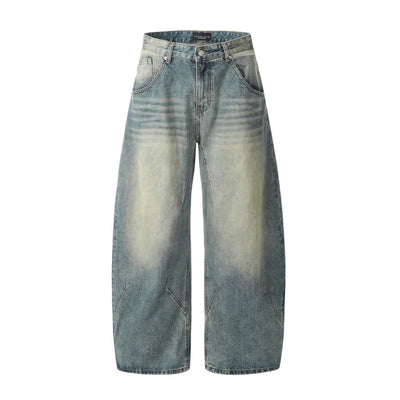 Retro Design Deconstructed Pleated Washed Blue Jeans