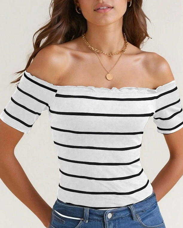 Summer To Autumn Casual Street Nautical Style Off-Shoulder Striped T-Shirt For Women