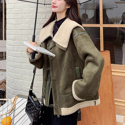 Women's Korean-style Retro Green Suede Lambswool Coat