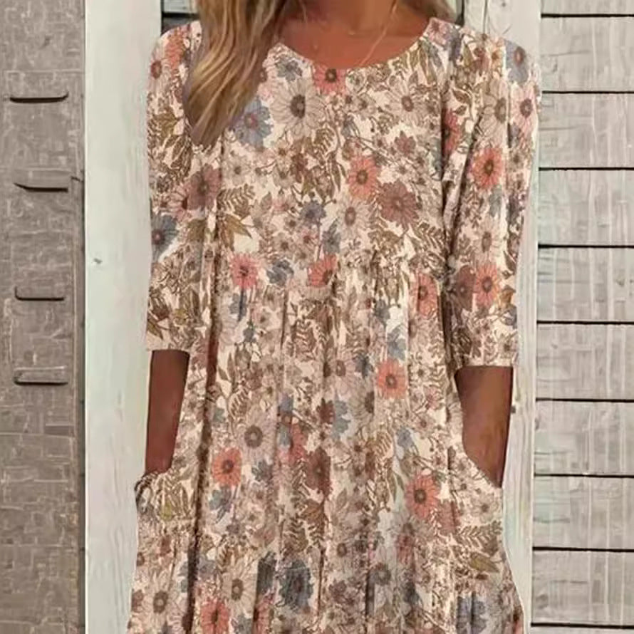 Bohemian Style Round Neck Loose Casual Pocket Dress Women