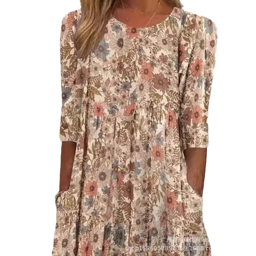 Bohemian Style Round Neck Loose Casual Pocket Dress Women