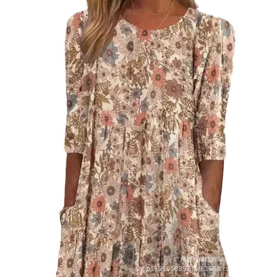 Bohemian Style Round Neck Loose Casual Pocket Dress Women