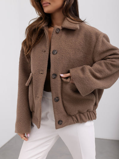 Women's Solid Color Casual Button Woolen Jacket