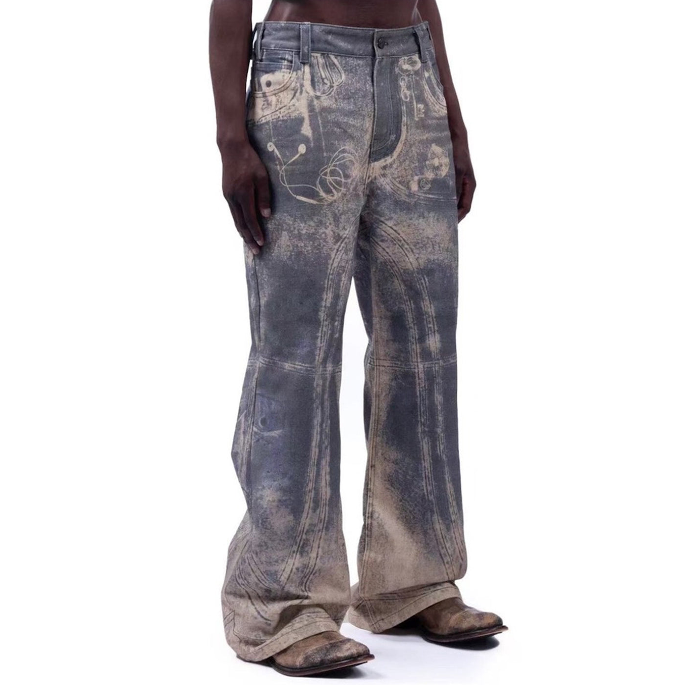 Wide Leg Washed Distressed Pattern Same Neutral Printed Jeans