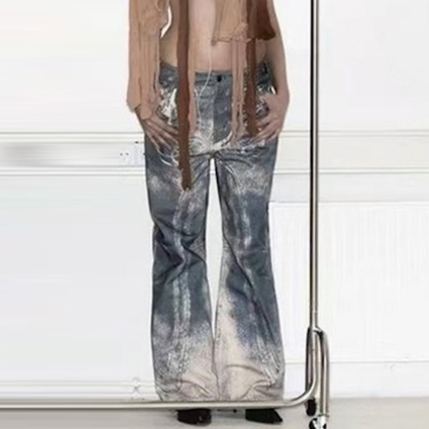 Wide Leg Washed Distressed Pattern Same Neutral Printed Jeans