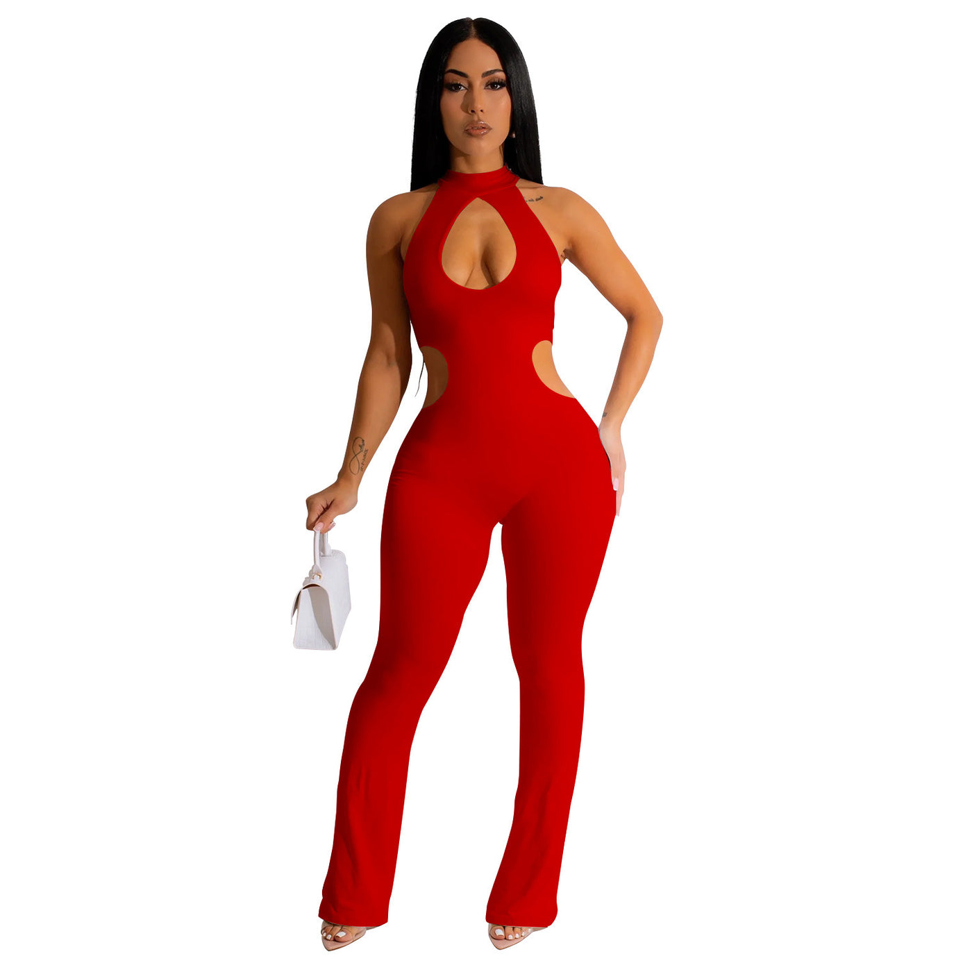 Women's Solid Color Sexy Halter Hollow-out Jumpsuit