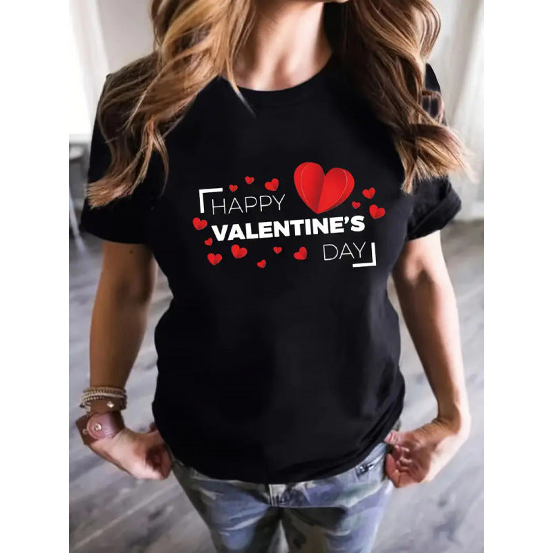 Women's Short-sleeved Valentine's Day Heart Round Neck Top