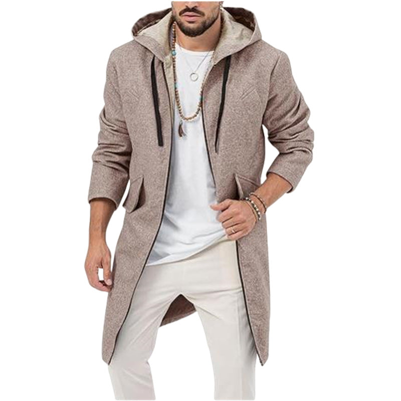 Hooded Jacket Single Zipper Cardigan Woolen Men's Coat