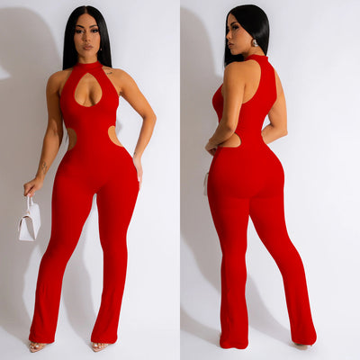 Women's Solid Color Sexy Halter Hollow-out Jumpsuit