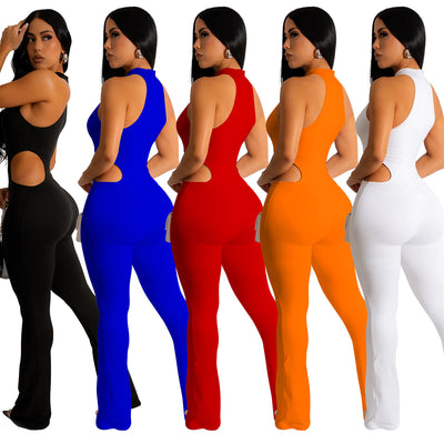 Women's Solid Color Sexy Halter Hollow-out Jumpsuit