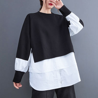 Autumn And Winter New Fake Two Pieces Contrast-color Stitching Sweatshirt