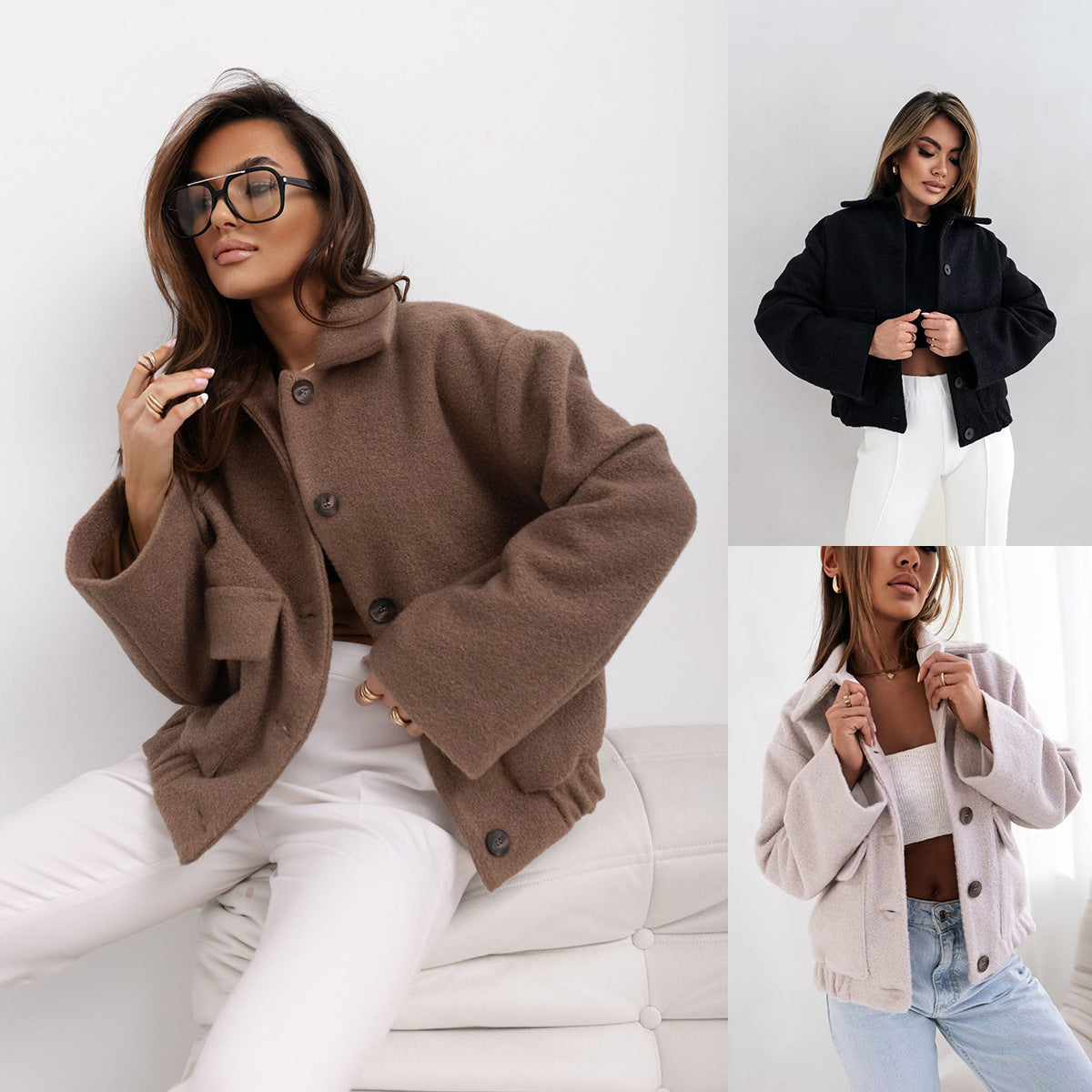 Women's Solid Color Casual Button Woolen Jacket