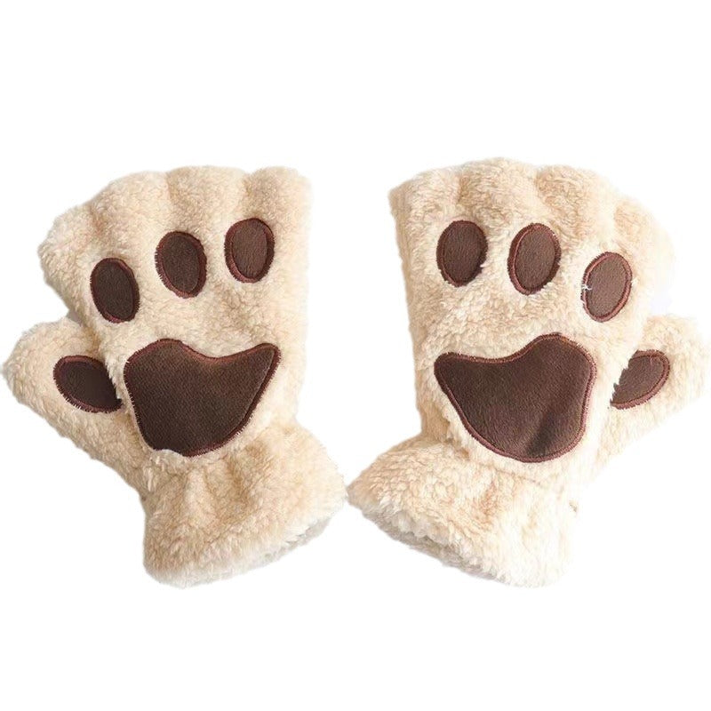 Autumn And Winter Student Plush Cat's Paw Half Finger Gloves For Men And Women