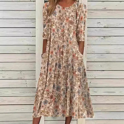 Bohemian Style Round Neck Loose Casual Pocket Dress Women